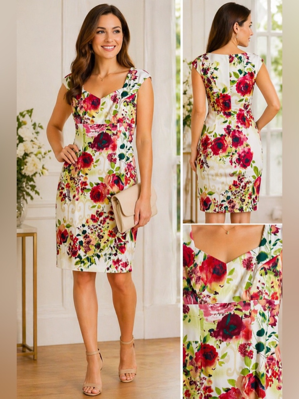 Dressbarn Floral Sheath Dress Size 8 White Red Green Cap Sleeve Spring Summer